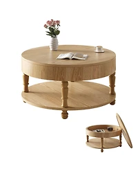 Rainsken Round Solid Wood Coffee Table, Modern Center Table with Hidden Storage, Two-Tier Design for Living Room, Office