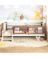 Rainsken Kids Floor Bed Frame with Storage Bookcases and Stairs, Twin Size Solid Wood Low Profile Bed with Guardrails for Boys Girls