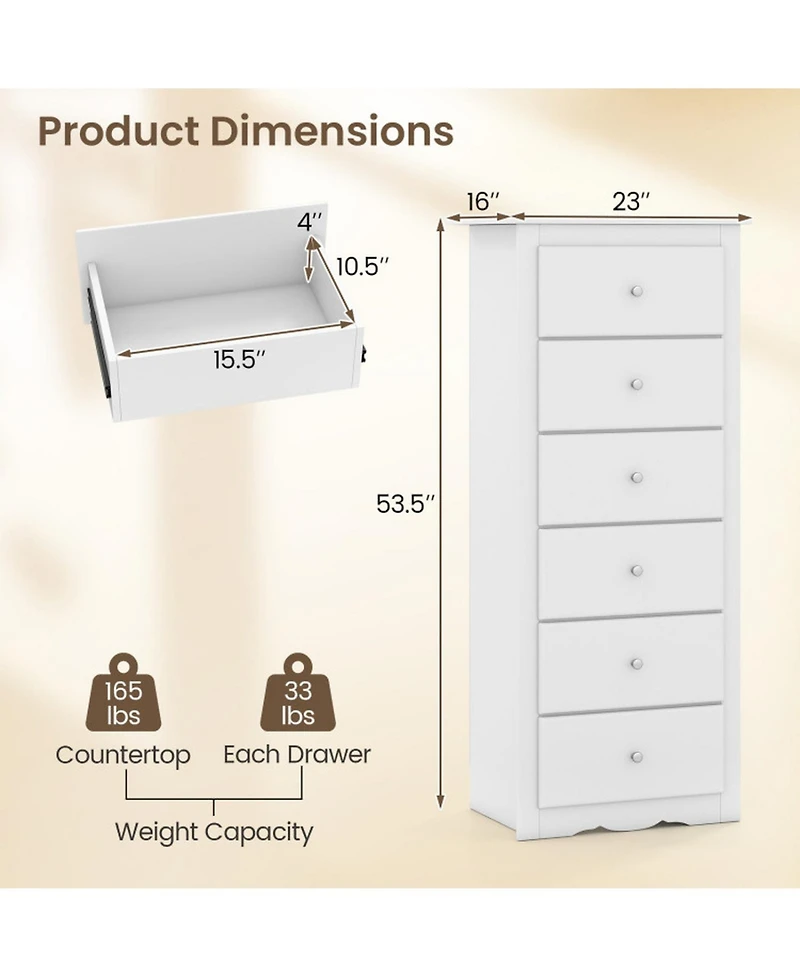 Gouun 6-Drawer Tall Chest Dresser for Bedroom Storage
