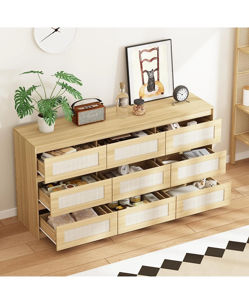 Famapy 9-Drawer Rattan Bedroom Dresser, Modern Chest with Deep Drawers