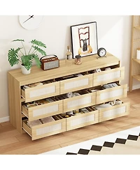Famapy 9-Drawer Rattan Bedroom Dresser, Modern Chest with Deep Drawers