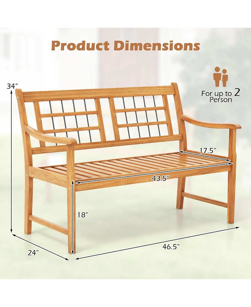 Gymax Outdoor Acacia Wood Bench 2-Person Patio Bench w/ Slatted Seat and Backrest