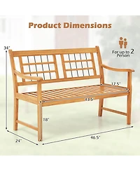 Gymax Outdoor Acacia Wood Bench 2-Person Patio Bench w/ Slatted Seat and Backrest