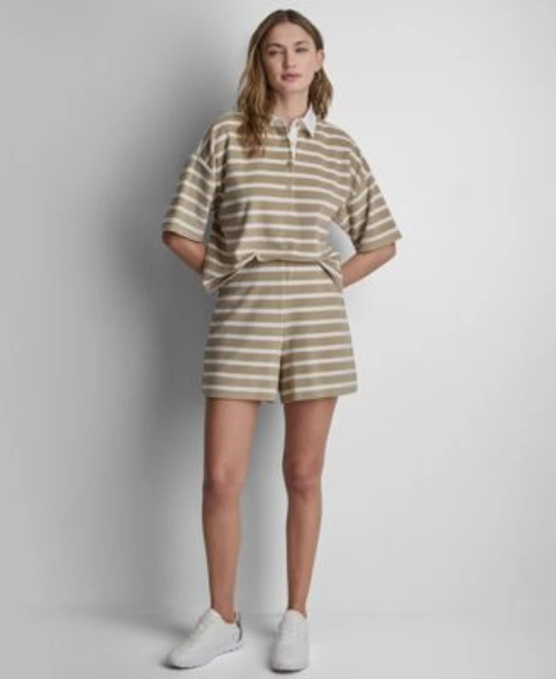Dkny Jeans Womens Towelling Terry Stripe Boxy Polo Top High Rise Pull On Shorts