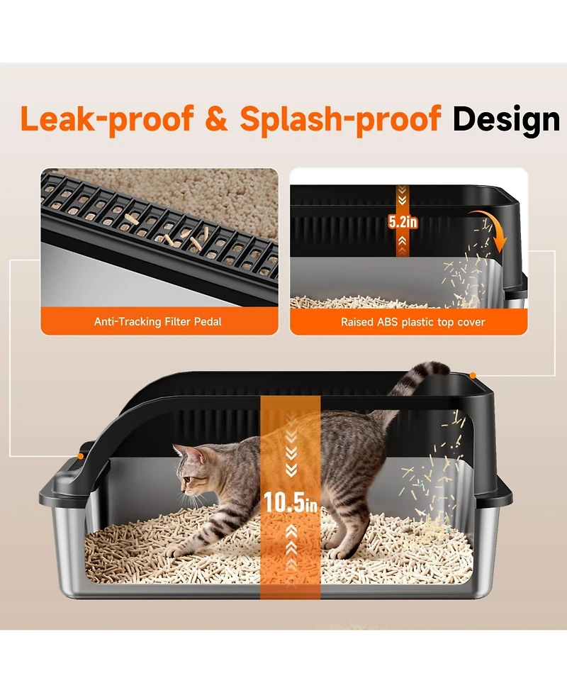 Aronkl Extra Large Stainless Steel Cat Litter Box Odor Free High Sides With Scoop Easy Cleaning Anti Leak Non Stick
