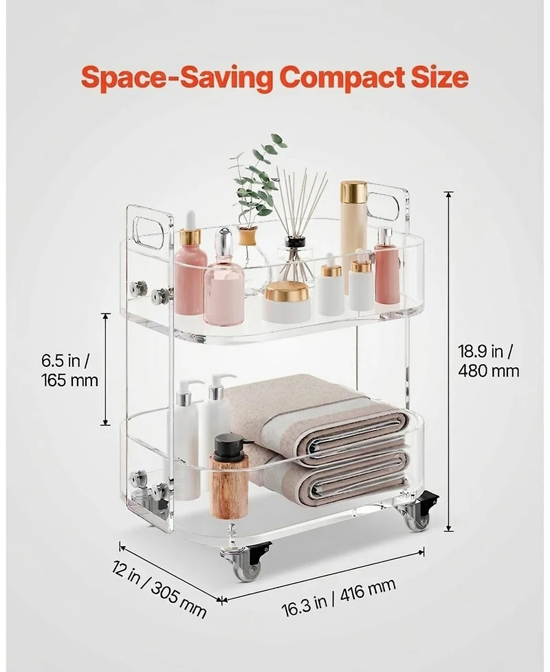 Sugift Acrylic Table with Wheels, 2-Tiers Mobile Rolling Cart, Modern Storage Desk