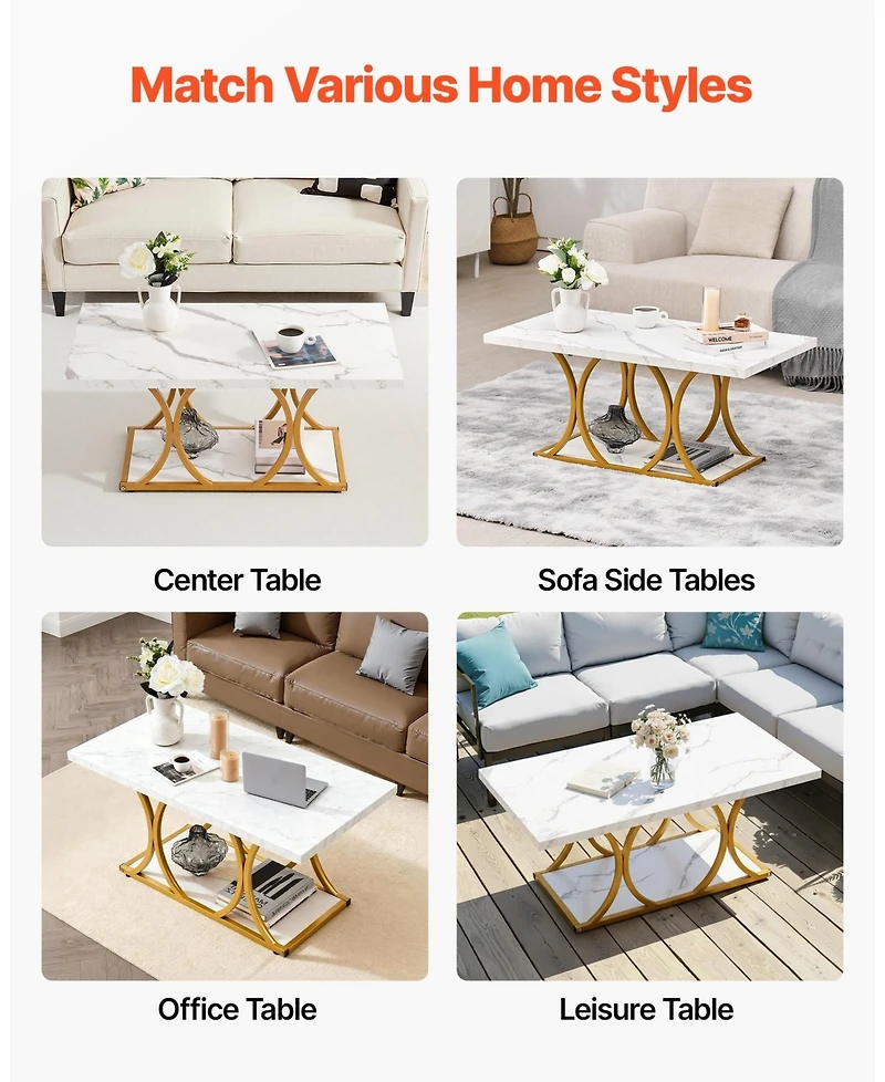 Sugift Coffee Table, Modern Faux Marble, 2-Tier Rectangle Desk with Geometric Legs