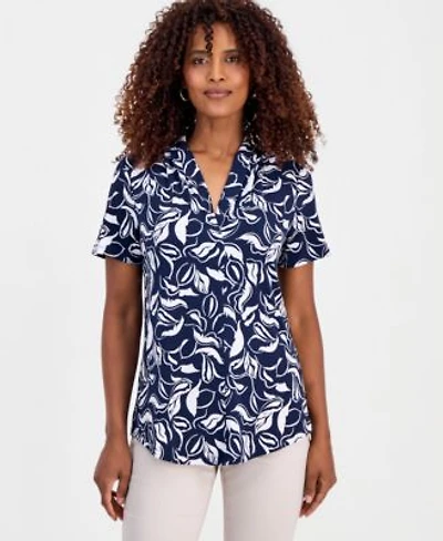 Jm Collection Womens Printed Short Sleeve V Neck Knit Top Macys Exclusive