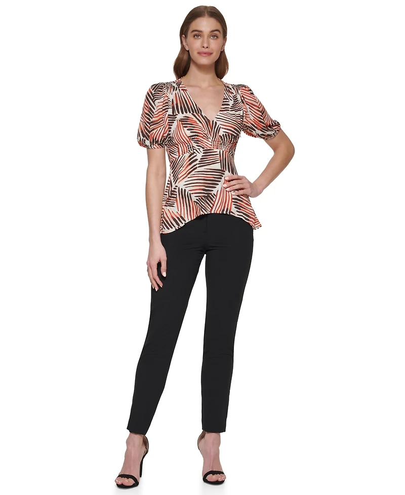 Dkny Petite Short-Sleeve Printed V-Neck Blouse