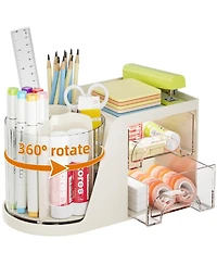 Gnuadz Desk Organizer Rotating Pen Holder 2 Drawer Storage 6 slots