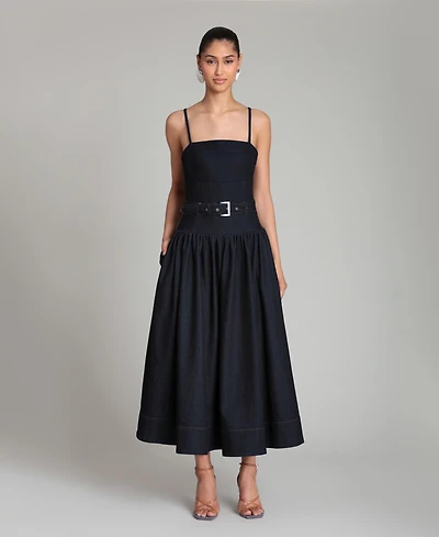 Avec Les Filles Women's Belted Drop Waist Stretch Denim Midi Dress