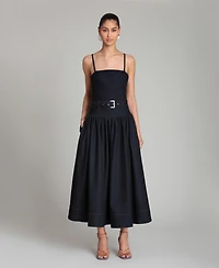 Avec Les Filles Women's Belted Drop Waist Stretch Denim Midi Dress