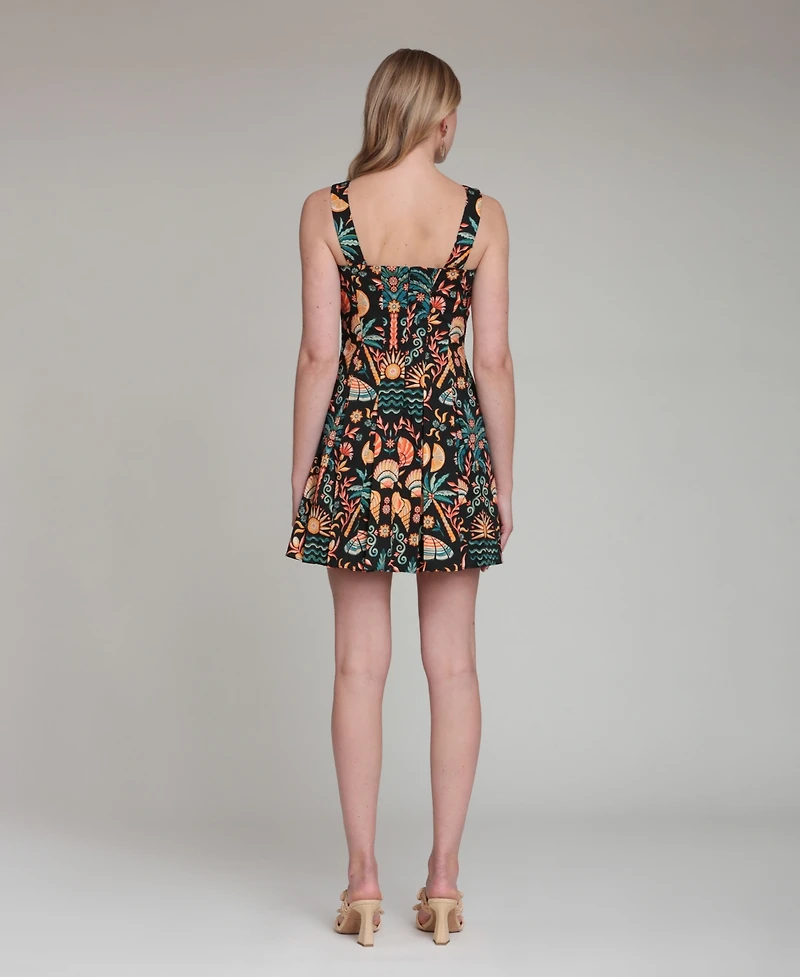 Avec Les Filles Women's Tropical Print Stretch Pleated Mini Dress