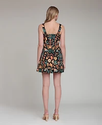 Avec Les Filles Women's Tropical Print Stretch Pleated Mini Dress