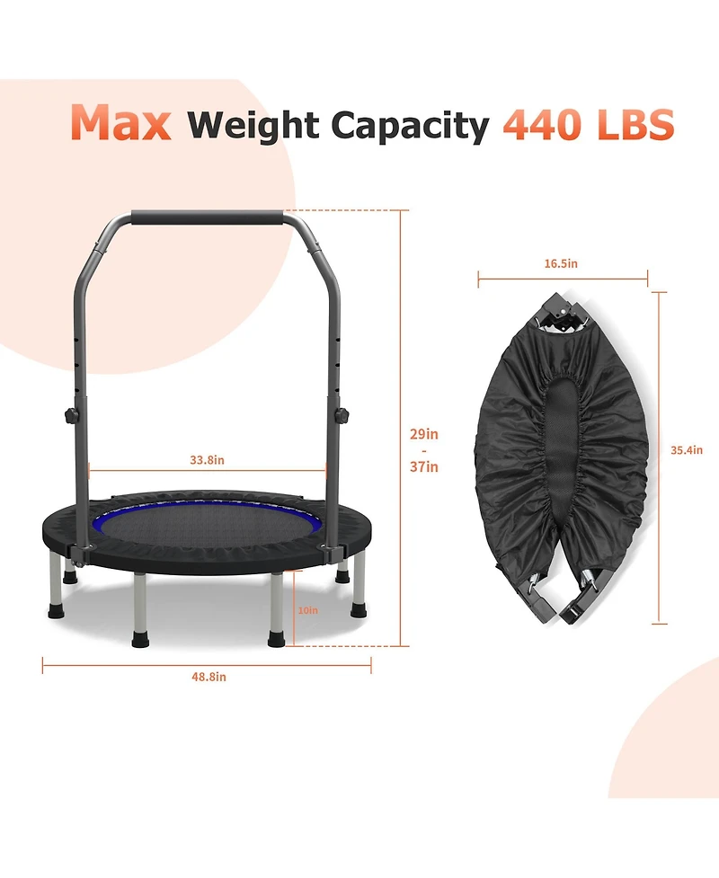 Zenova 48" Mini Trampoline Foldable Exercise Rebounder with Adjustable Bar Fitness Trampoline,Exercise for Adults Indoor