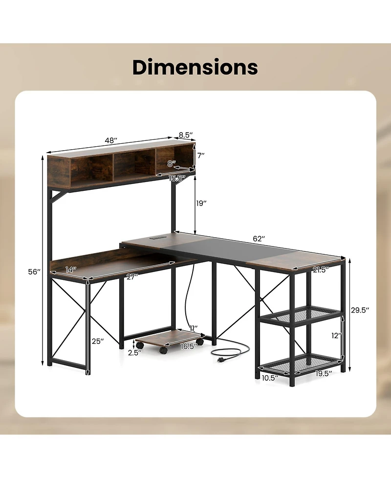 Slickblue 62 Inch Brown L Shaped Desk with Power Outlet and Storage Hutch