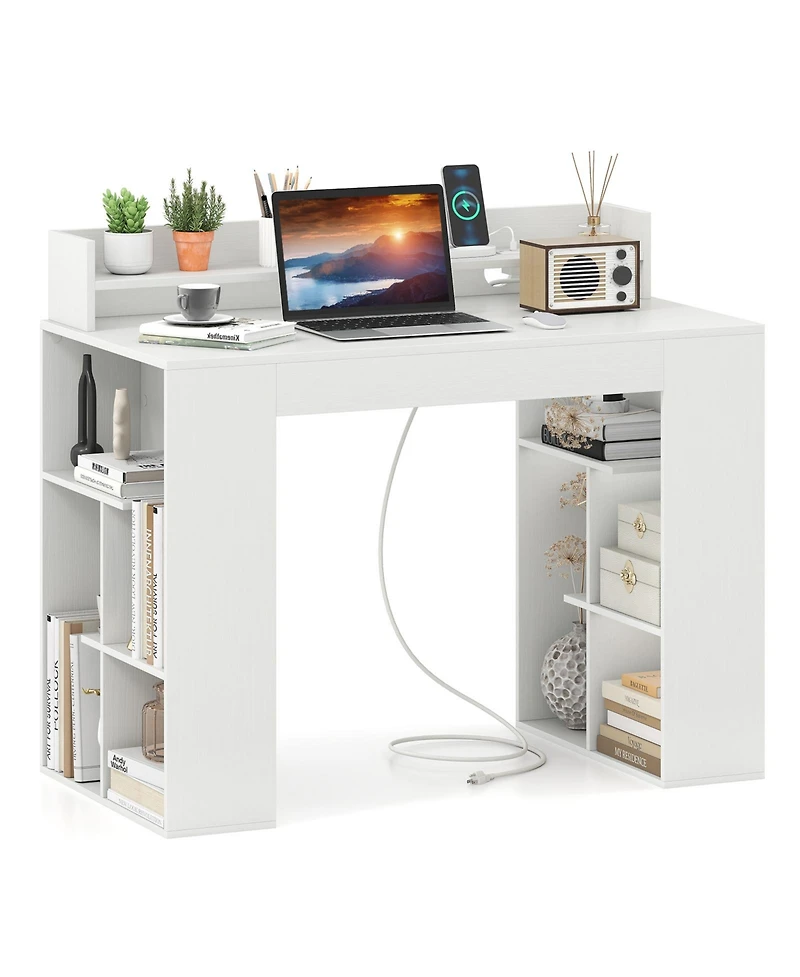 Slickblue 43 Inch White Writing Desk with Built In Power Outlets and 2 Bookcases