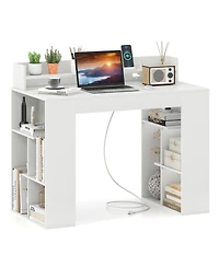 Slickblue 43 Inch White Writing Desk with Built In Power Outlets and 2 Bookcases