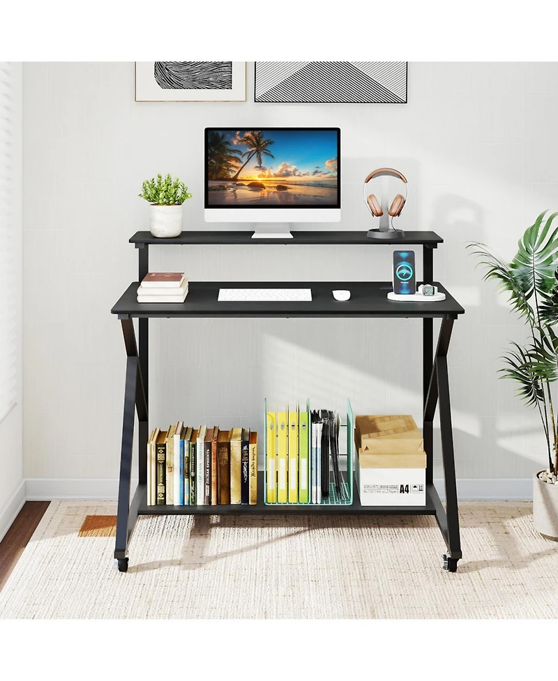 Slickblue Rolling Workstation Desk with Monitor Shelf and Charging Storage