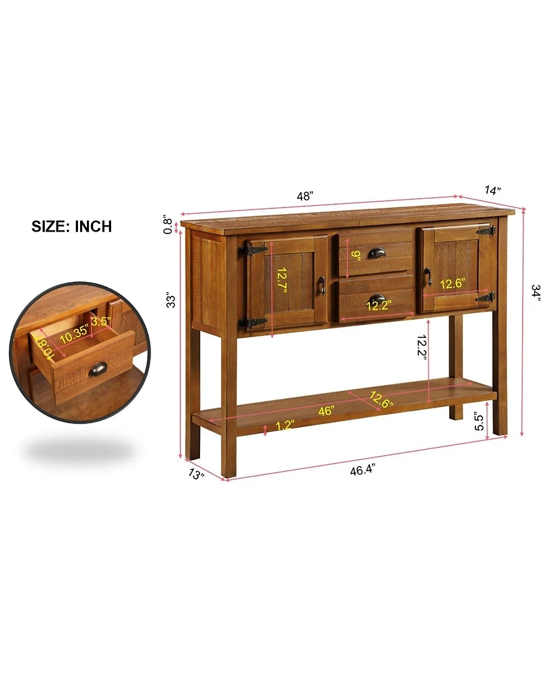 Rainsken Solid Wood Sideboard Console Table, Retro Style Storage Dining Buffet Cabinet with 2 Drawers, Cabinets and Bottom Shelf for Living Room