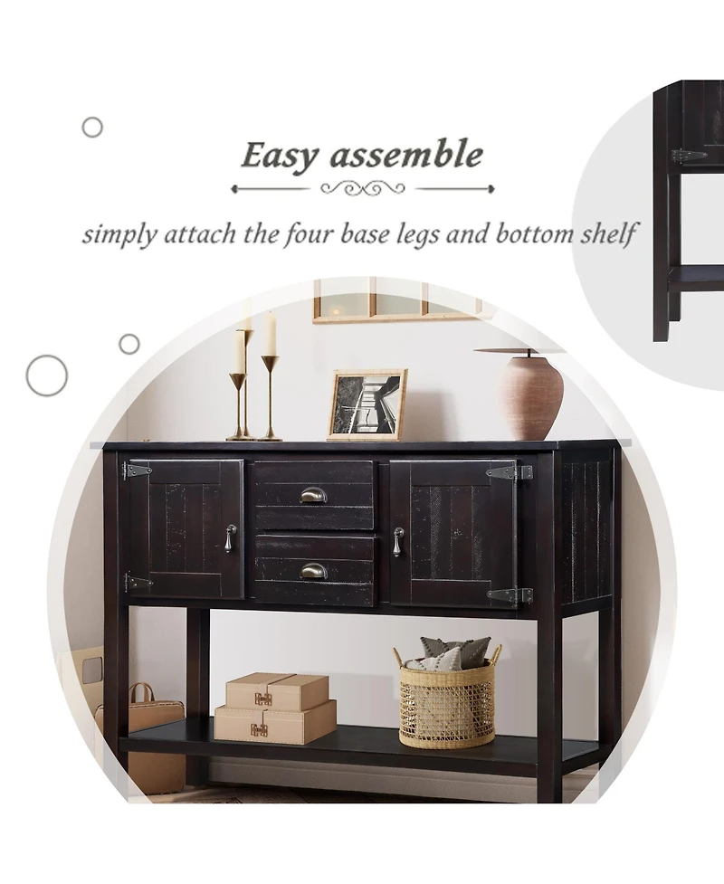 Rainsken Retro Solid Wood Console Table, Storage Sideboard Buffet Cabinet with 2 Drawers, Cabinets and Open Shelf for Living Room, Kitchen