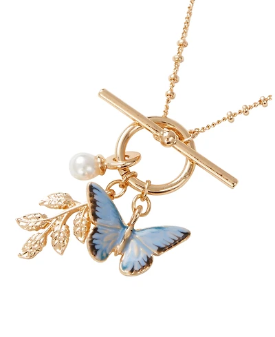 Fable England Enamel Blue Butterfly & Leaf Charm Necklace