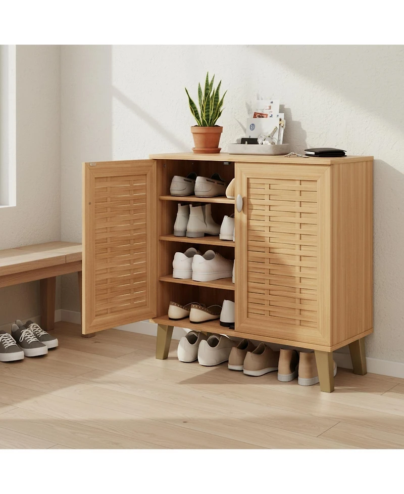 Yigii 4-Tier Shoe Cabinet with Woven Doors 3 Adjustable Shelves Freestanding Wood Storage for Entryway Hallway Living Room