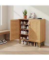 Yigii 4-Tier Shoe Cabinet with Woven Doors 3 Adjustable Shelves Freestanding Wood Storage for Entryway Hallway Living Room