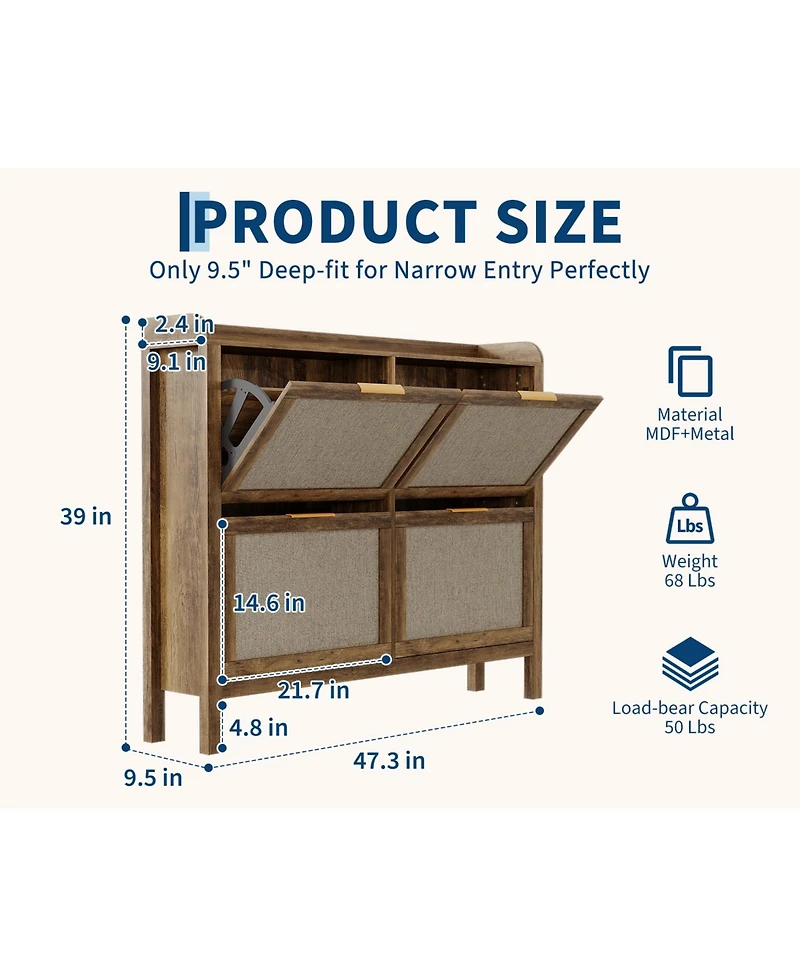 homfan Rattan Shoe Cabinet with 4 Flip Drawers, 47 Wide Slim Entryway Storage, 9.45 Depth