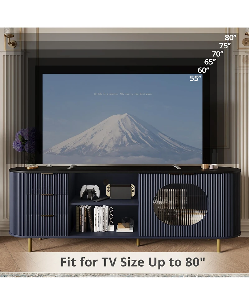 Rainsken 69" Curved Media Console for TVs Up to 80", Modern Entertainment Center with Wavy Acrylic Doors and Spacious Storage for Living Room