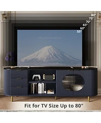 Rainsken 69" Curved Media Console for TVs Up to 80", Modern Entertainment Center with Wavy Acrylic Doors and Spacious Storage for Living Room