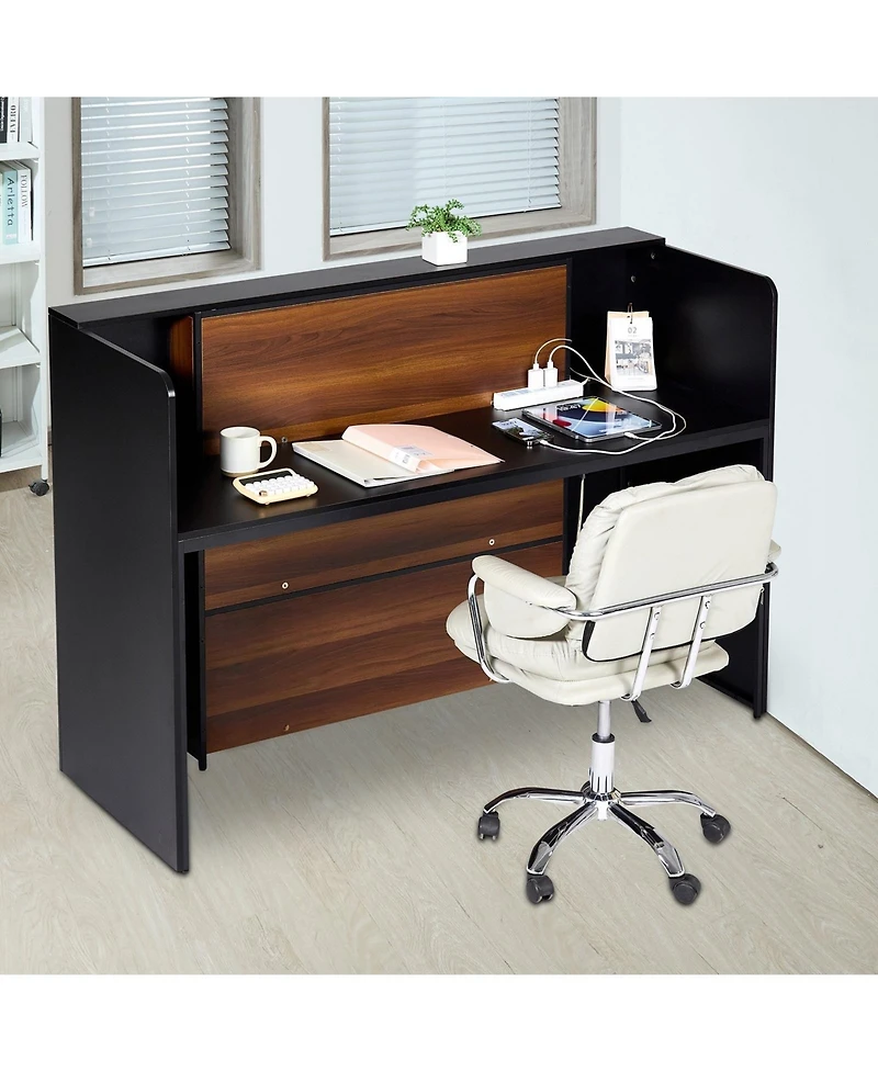 Sugift Reception Desk, 62 Inch Front Counter Table with Led Light for Office Use