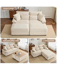 Streamdale Furniture Double Chaise Lounge Set with Reversible Ottoman - Soft Corduroy Fabric