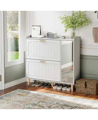 homfan Shoe Cabinet with Mirror, 2 Flip Drawers and Side Cabinet, Wood Shoe Storage Cabinet with Adjustable Shelves, Modern Home Storage Organizer