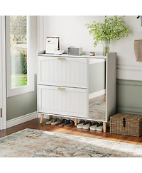 homfan Shoe Cabinet with Mirror, 2 Flip Drawers and Side Cabinet, Wood Shoe Storage Cabinet with Adjustable Shelves, Modern Home Storage Organizer