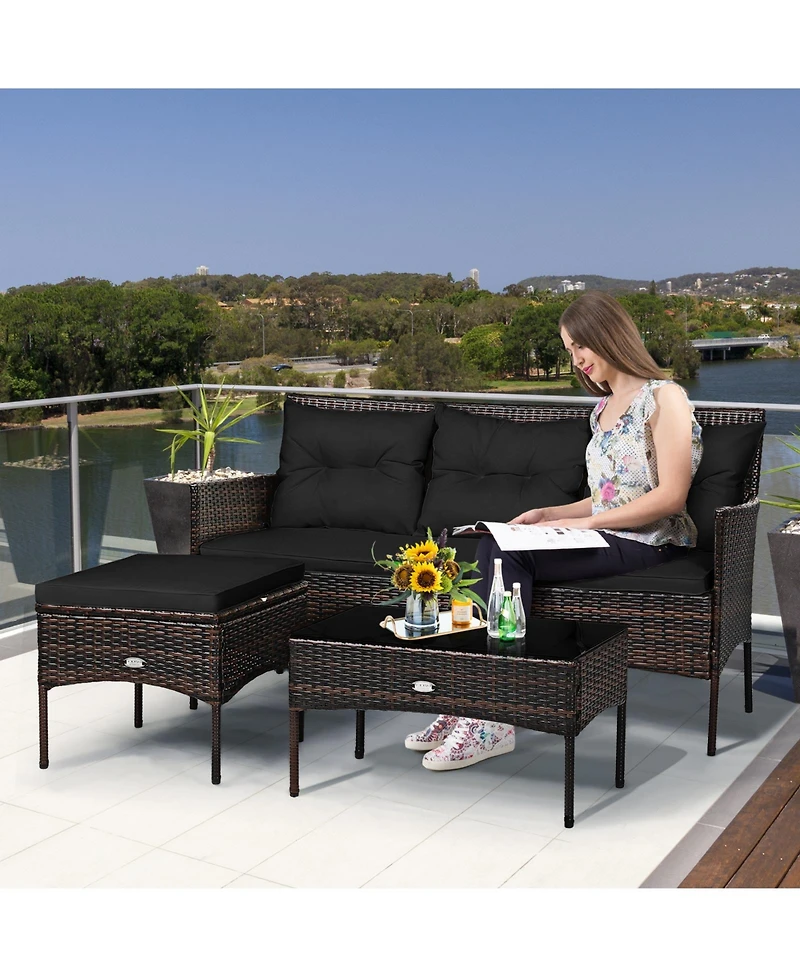 Gouun 3-Piece Outdoor Rattan Sectional Sofa Set with Ottoman and Coffee Table