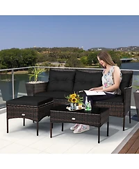 Gouun 3-Piece Outdoor Rattan Sectional Sofa Set with Ottoman and Coffee Table