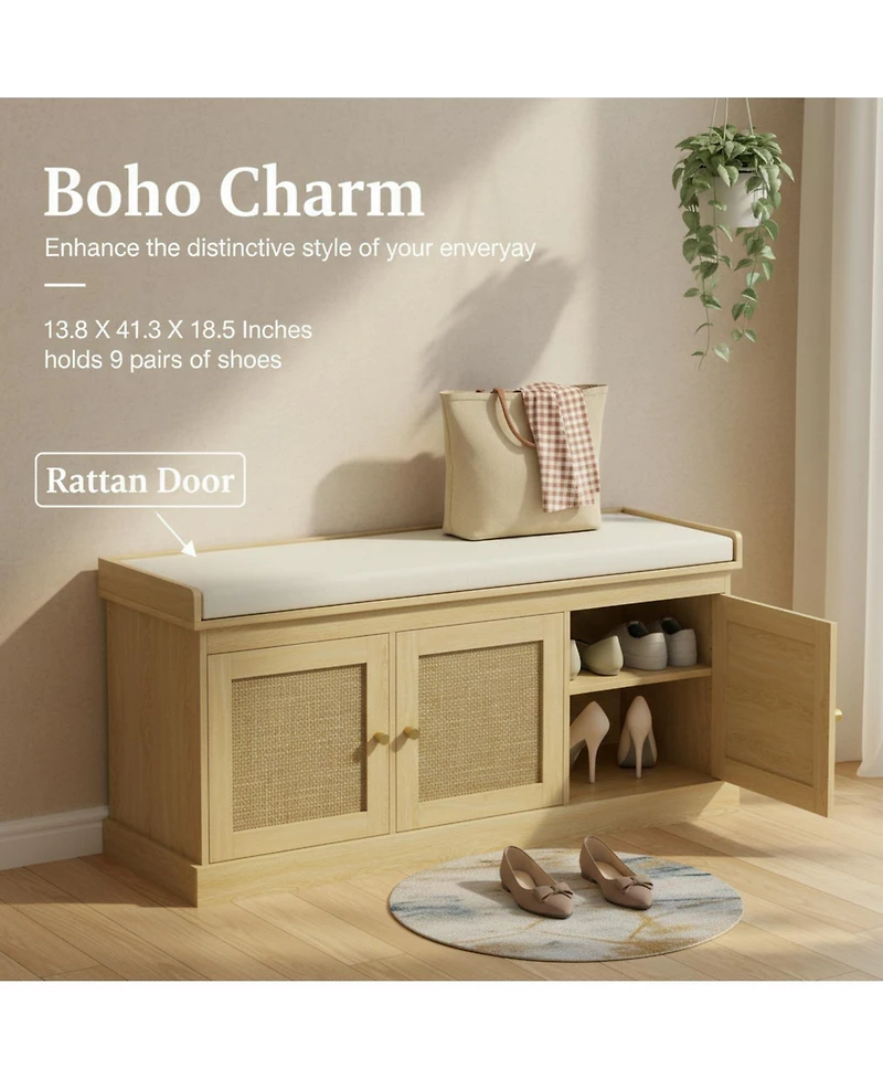 Yigii Shoe Bench Woven Rattan Doors Storage Cushion Adjustable Shelves 9 Pairs Boho Style Entryway Bedroom Living Room