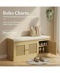 Yigii Shoe Bench Woven Rattan Doors Storage Cushion Adjustable Shelves 9 Pairs Boho Style Entryway Bedroom Living Room