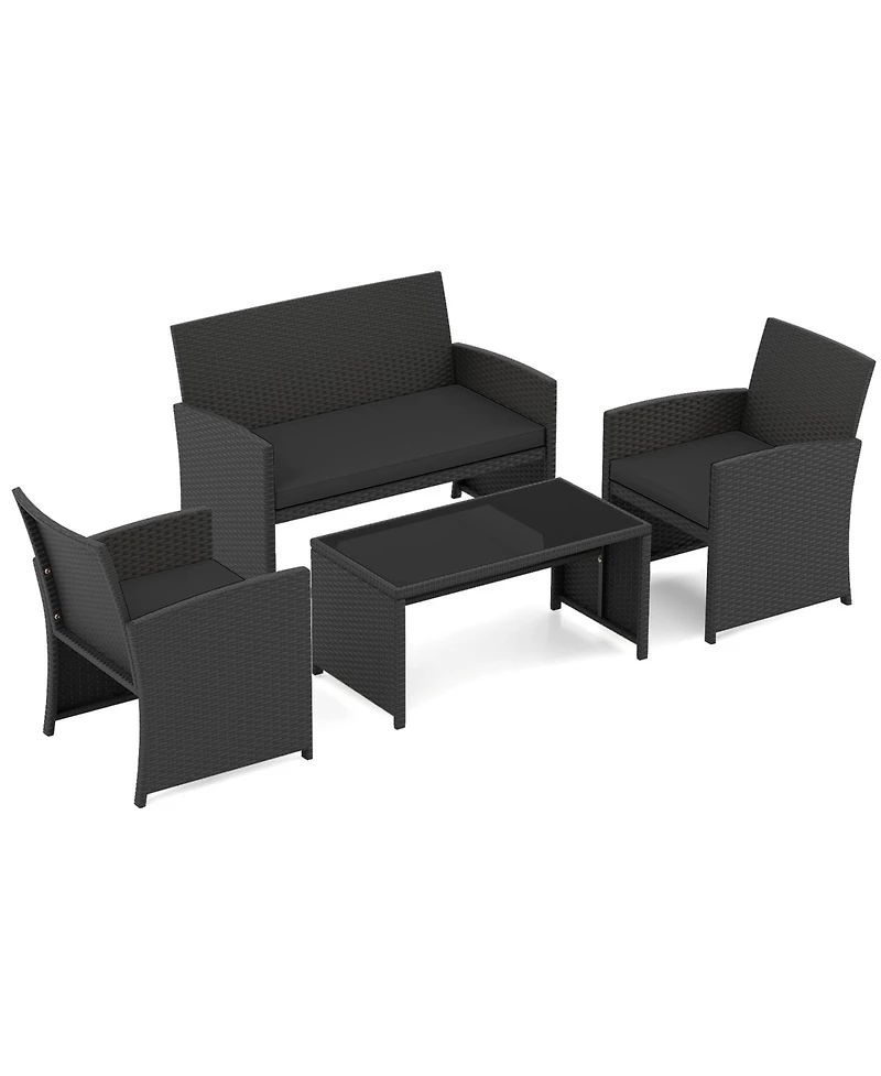 Gouun 4-Piece Patio Rattan Furniture Set with Removable Cushions and Glass Table