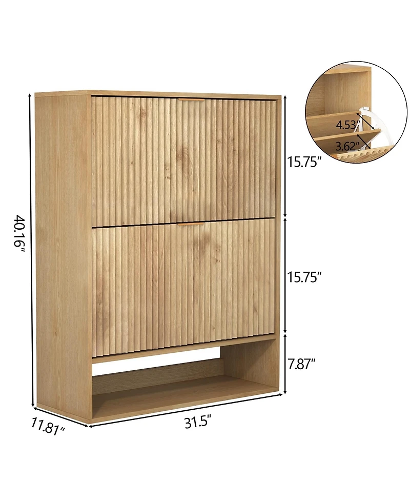 homfan Fluted Shoe Cabinet with 2 Flip Drawers, Open Bottom Shelf and Side Hooks for Entryway Storage