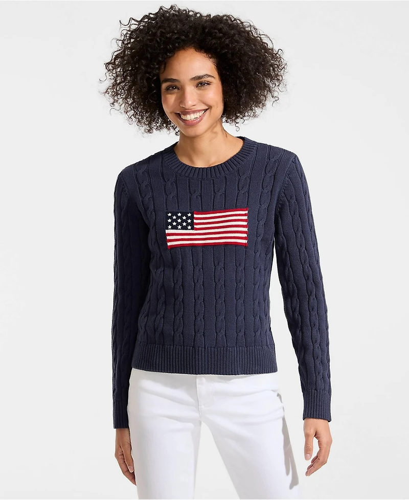 Lands' End Women's American Flag Drifter Cable Sweater