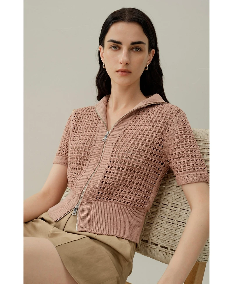 Lilysilk Women's Toscana Pointelle Knit Double-Zip Cardigan