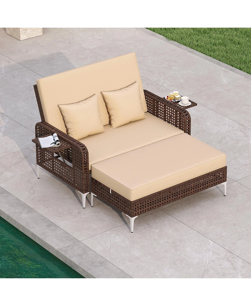 Gouun 2-Piece Outdoor Wicker Daybed Set with Adjustable Backrest and Ottoman