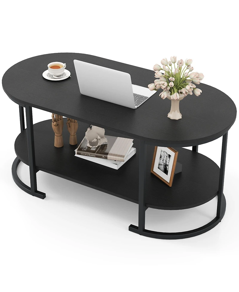 Slickblue Wooden Oval Coffee Table 2 Tier with Open Storage Shelf