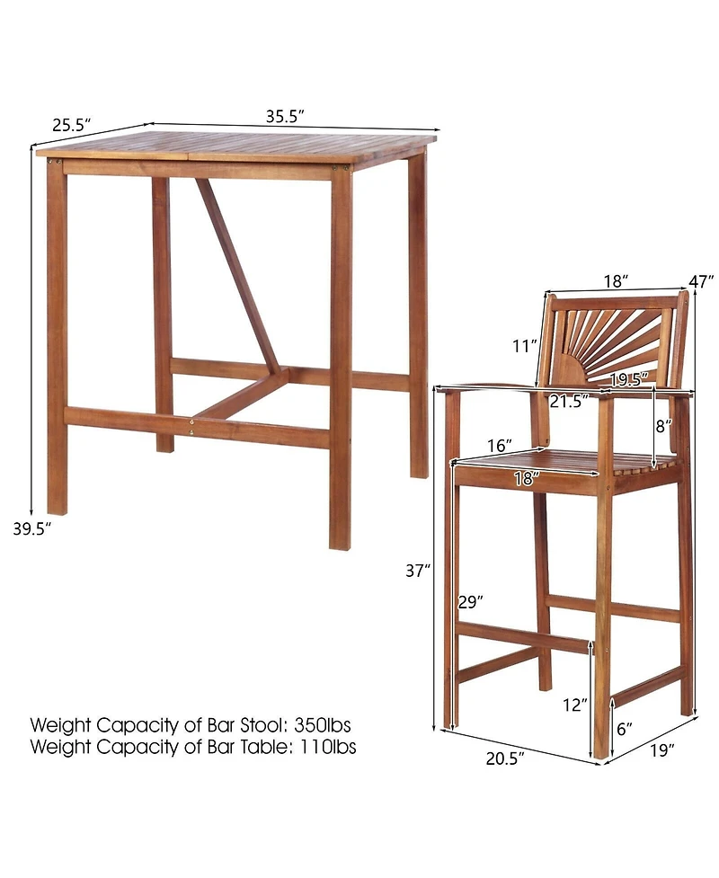 sumyeg 3-Piece Patio Acacia Wood Bar Set with Sunflower Pattern Backrest and Bar Table
