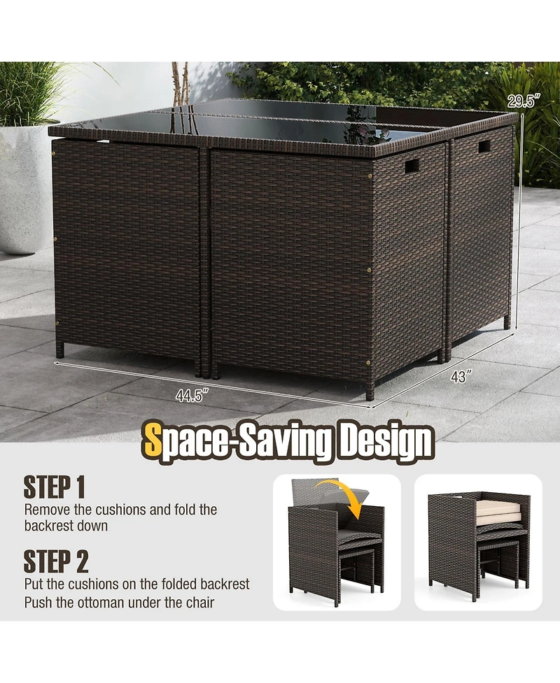 Gymax Set Of 9 Patio Dining Set with Tempered Glass Table and Ottoman Removable Cushions