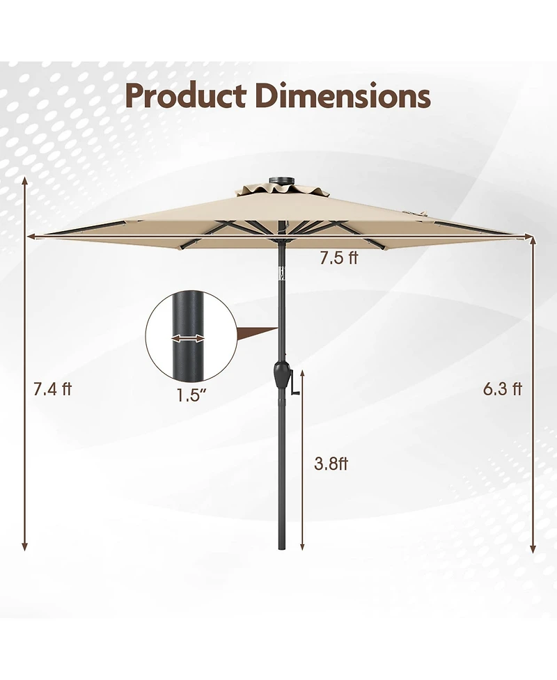 Sugift 7.5 ft Solar Powered Patio Umbrella with Led Lights and Crank
