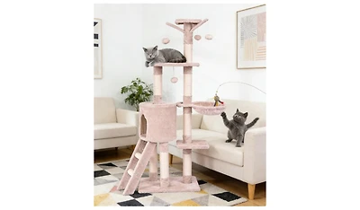 Zeus and Ruta 56 Inch Cat Play Tree with Condo Scratching Posts and Ladder for Indoor Cats