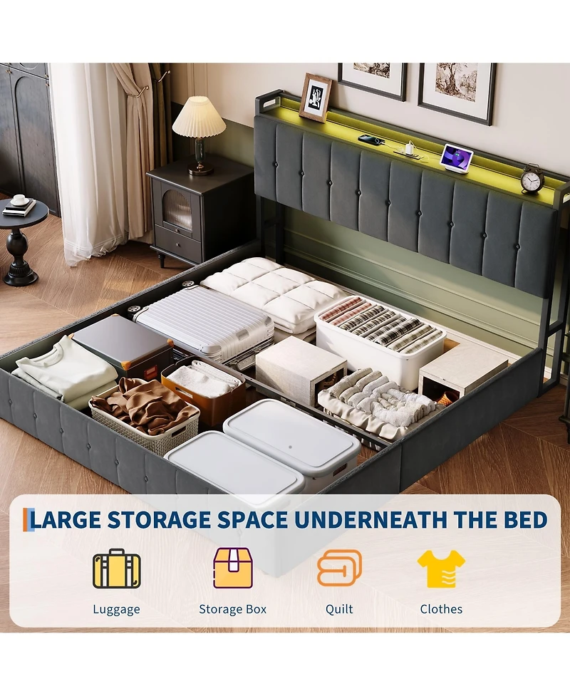 HomfanLift Up Bed Frame with Charging Station and Led Lights, Upholstered Button Tufted Wingback Storage Headboard